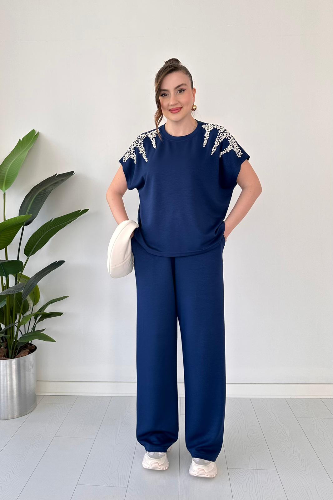 Women's Two-Piece Modal Suit with Pearls on the Shoulders