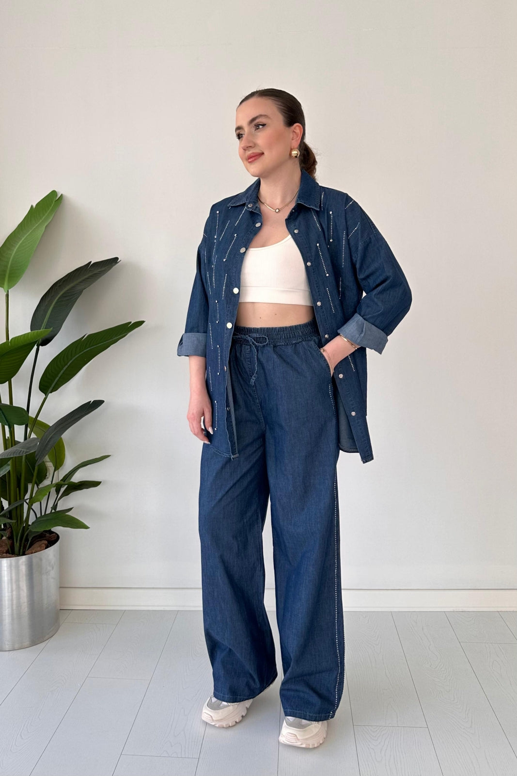 Crystal-Studded Denim Co-ord Set