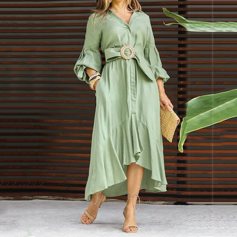 Women's V-Neck Waisted Dress with Asymmetrical Edge