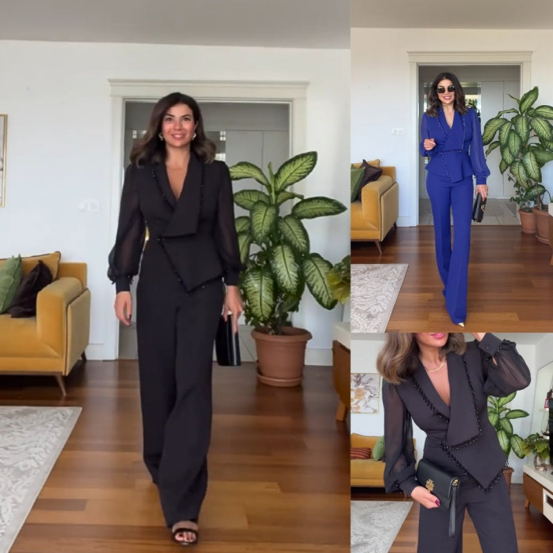 🌸 Elegant Black Beaded Top & Wide-Leg Pants🌸