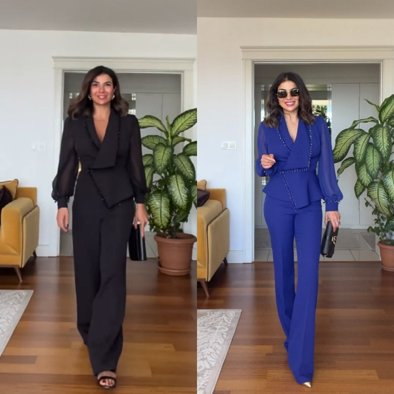 🌸 Elegant Black Beaded Top & Wide-Leg Pants🌸