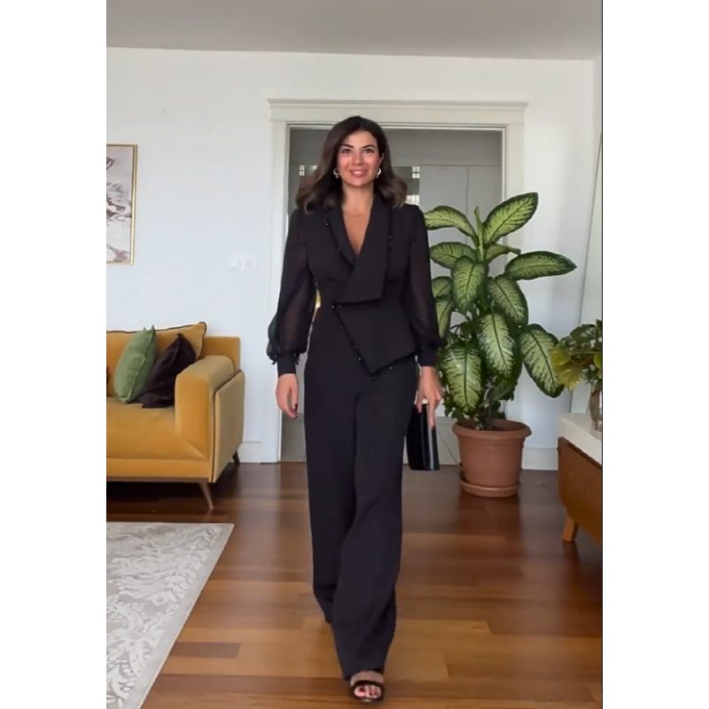 🌸 Elegant Black Beaded Top & Wide-Leg Pants🌸