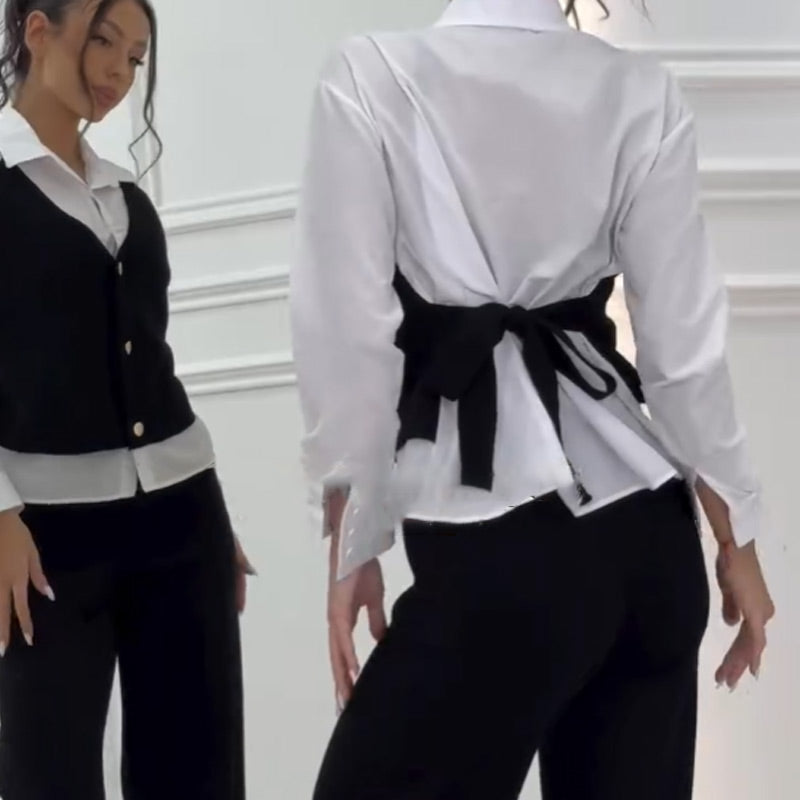 Women's Faux Two-Piece Shirt Vest & Pants Set