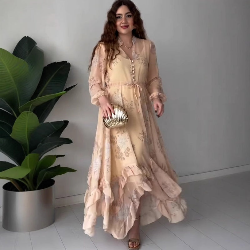 🌸Spring Specials🌸 Women's Elegant Mesh Long-Sleeve Floral Drawstring Dress