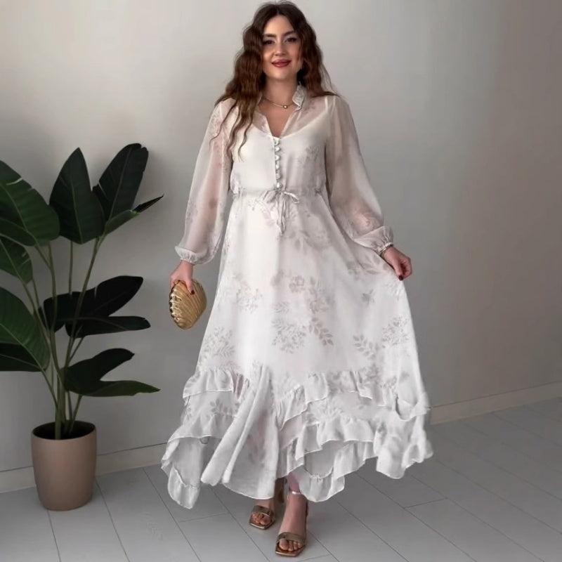 🌸Spring Specials🌸 Women's Elegant Mesh Long-Sleeve Floral Drawstring Dress