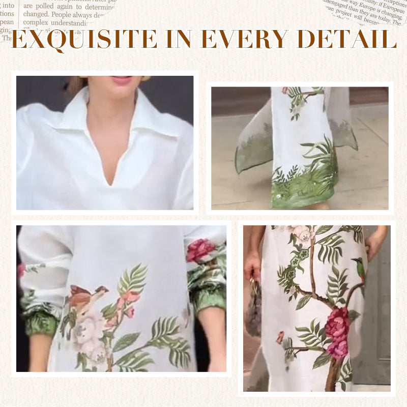 Women’s Print V-Neck Lapel Long-Sleeve Long Dress👗