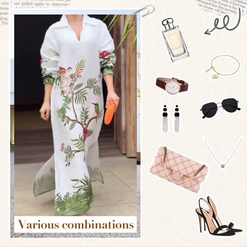 Women’s Print V-Neck Lapel Long-Sleeve Long Dress👗
