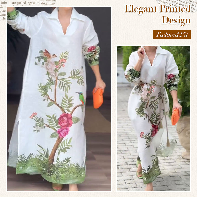 Women’s Print V-Neck Lapel Long-Sleeve Long Dress👗