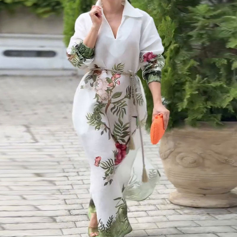Women’s Print V-Neck Lapel Long-Sleeve Long Dress👗
