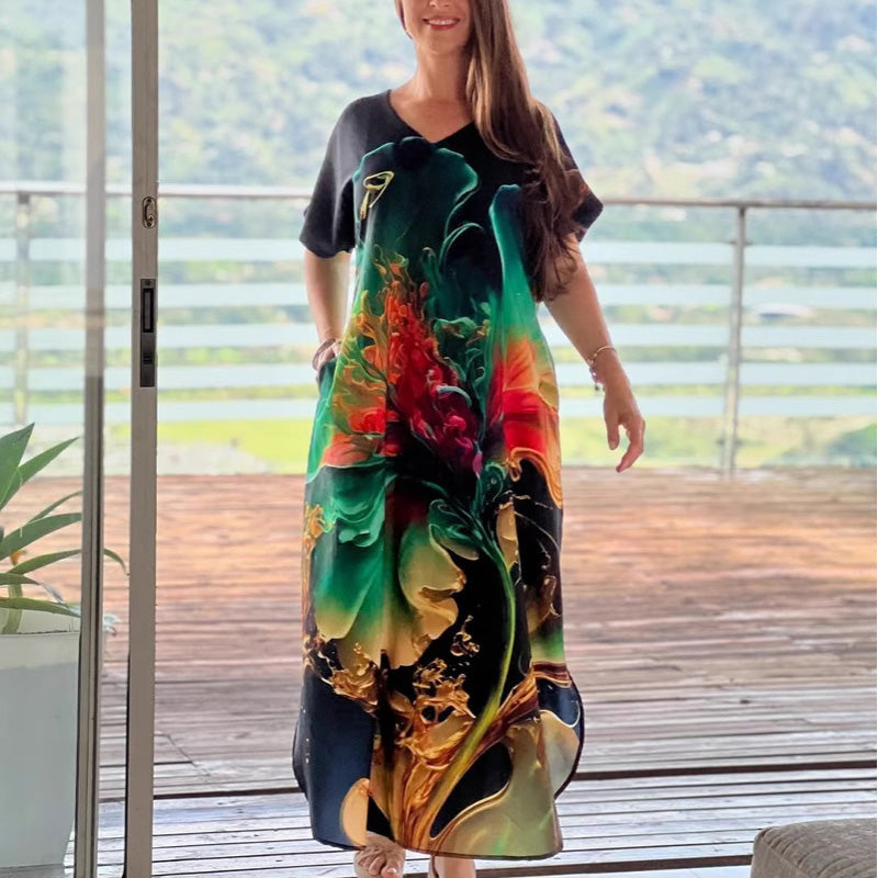 Women's Loose Casual V-Neck Printed Short Sleeve Dresses🌸