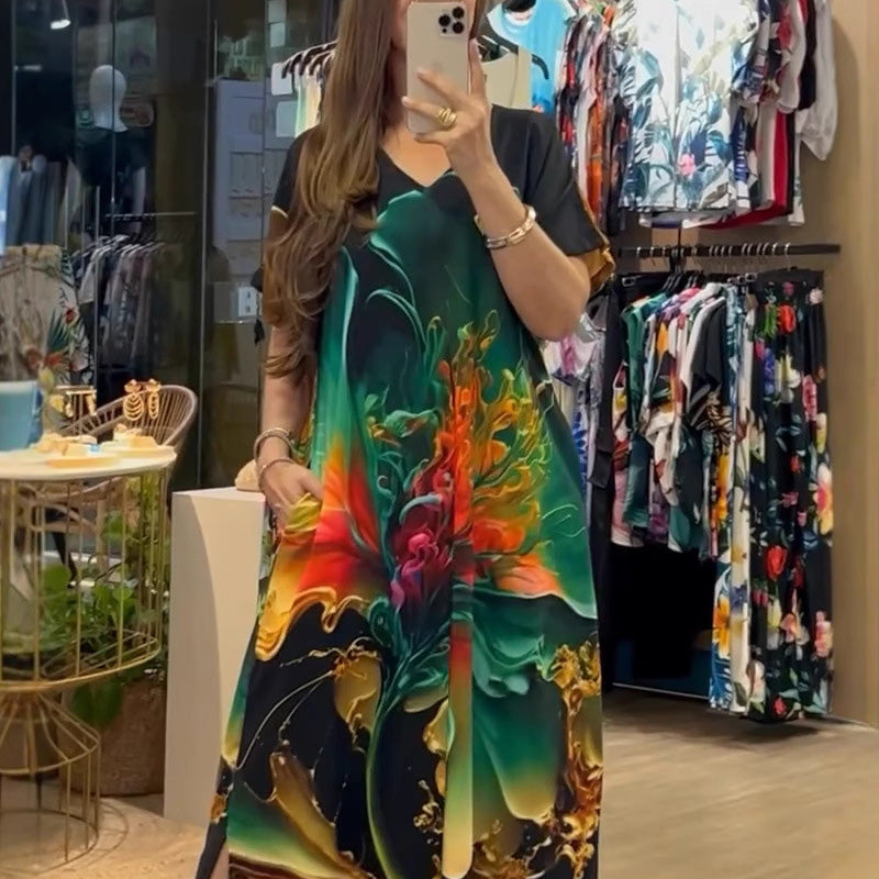 Women's Loose Casual V-Neck Printed Short Sleeve Dresses🌸