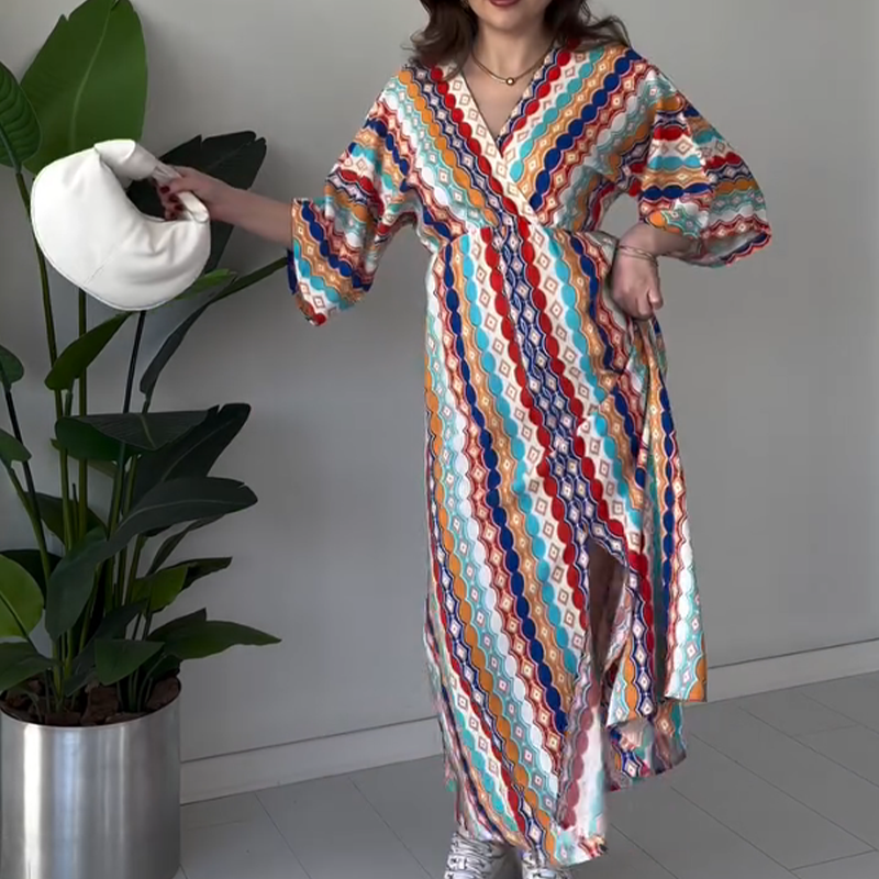 ⏰50%OFF💖Women's Printed Color-Block V-Neck Maxi Dress
