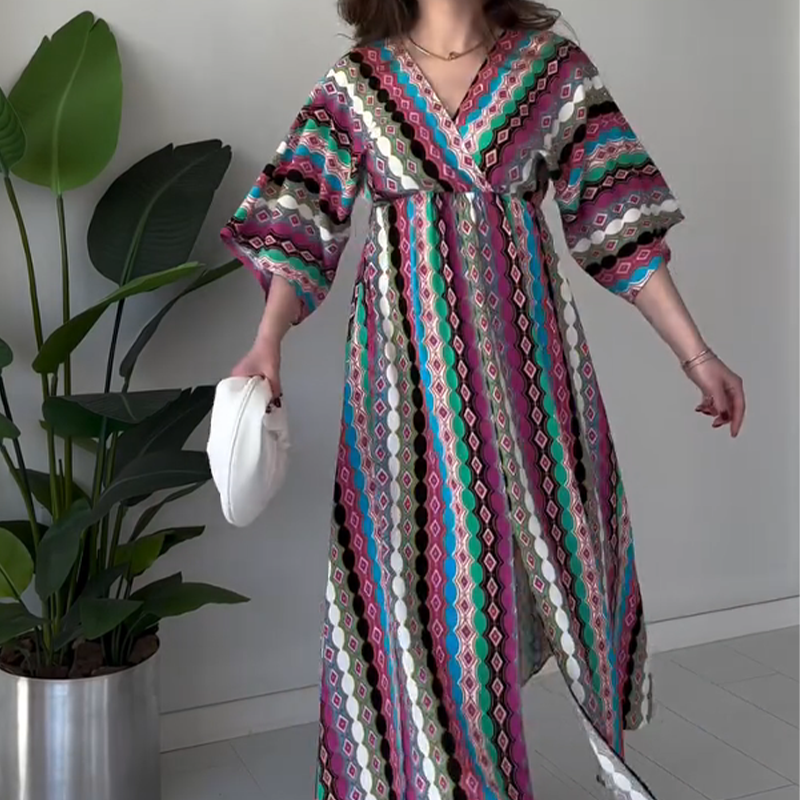 ⏰50%OFF💖Women's Printed Color-Block V-Neck Maxi Dress