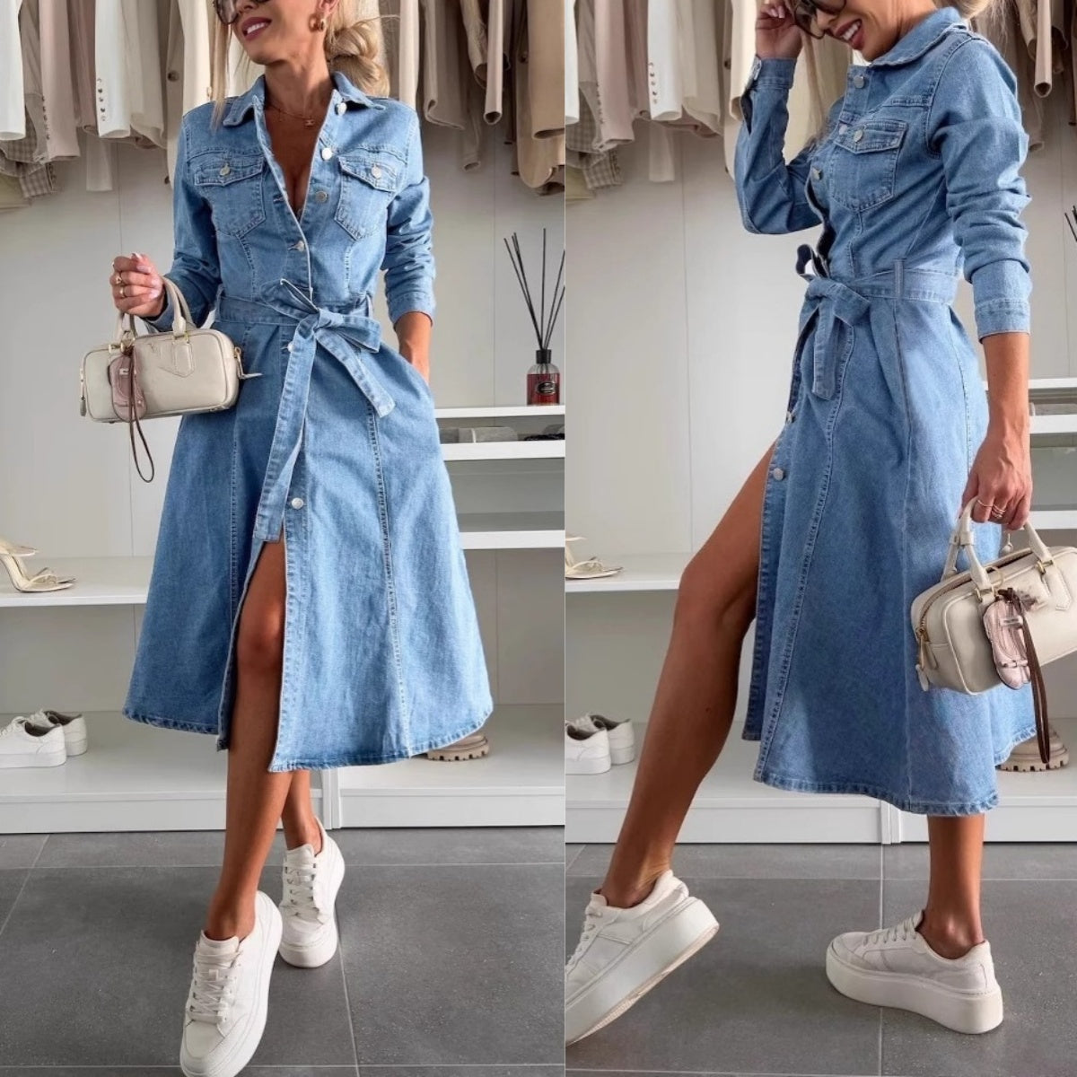 🎉Limited Sale🎉Women's Button Down Long Sleeve Denim Dress