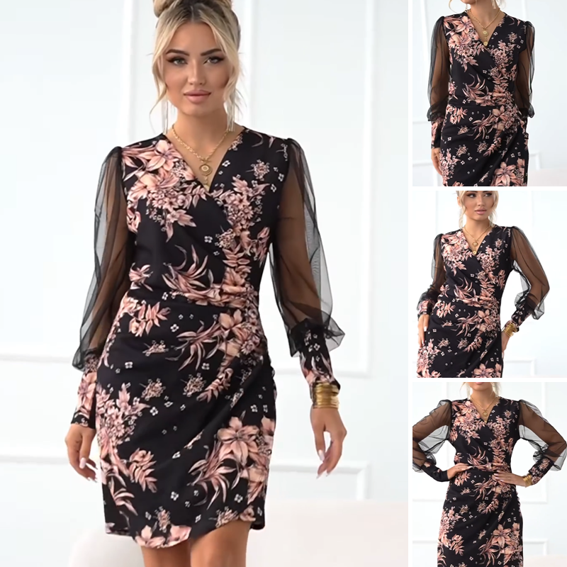 ⏳Time-limited Special⏰Women's V-Neck Floral Sheer Long Sleeve Dresses👗
