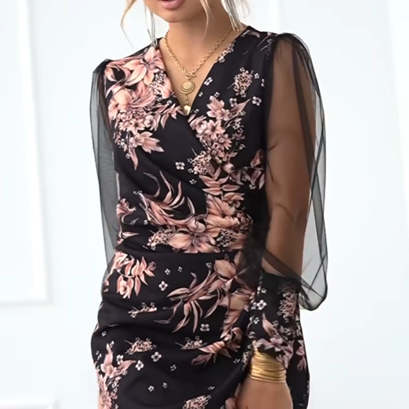 ⏳Time-limited Special⏰Women's V-Neck Floral Sheer Long Sleeve Dresses👗