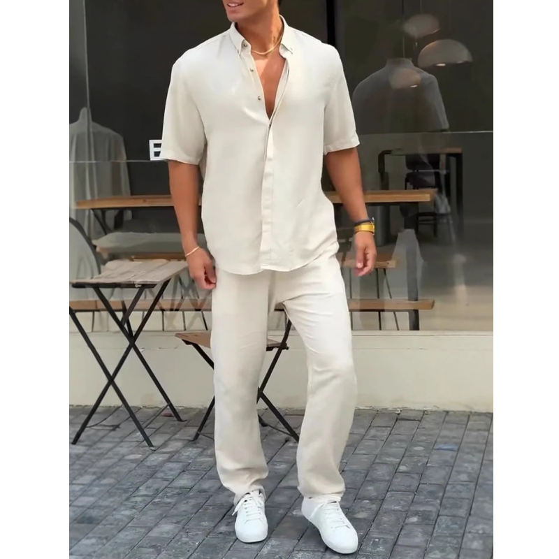 Men’s Solid Lapel Short-Sleeve Tops & Pants 2-Piece Set