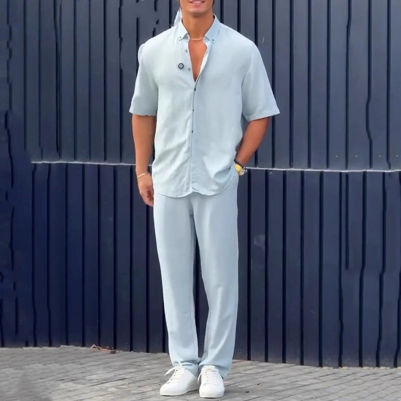 Men’s Solid Lapel Short-Sleeve Tops & Pants 2-Piece Set
