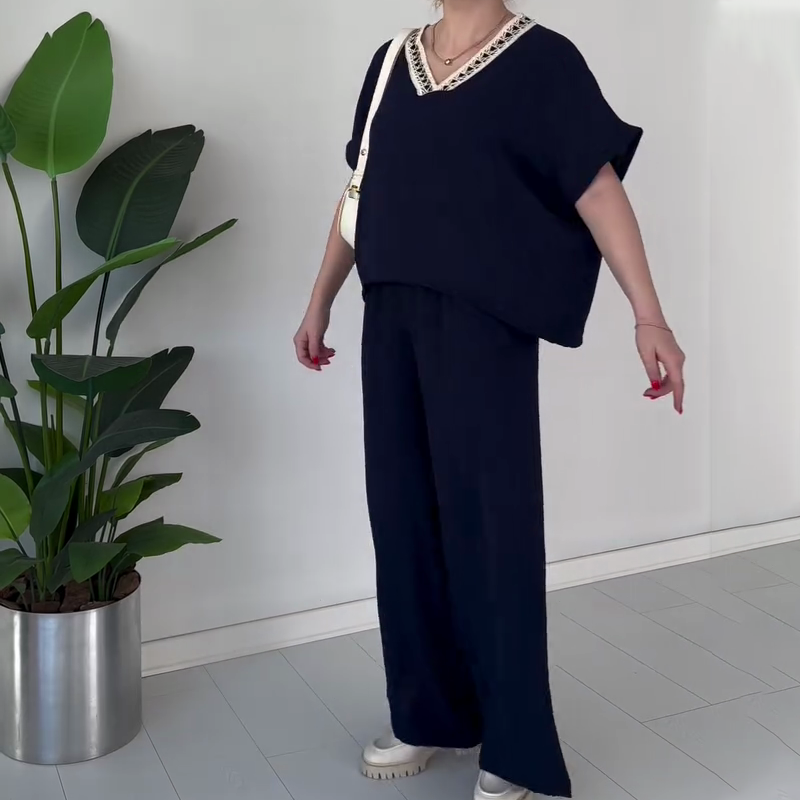 Women's Casual V-Neck Top & Wide-Leg Pants Set