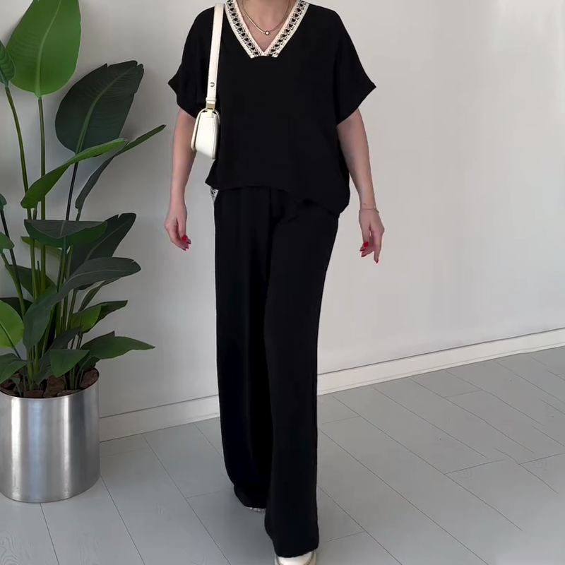 Women's Casual V-Neck Top & Wide-Leg Pants Set