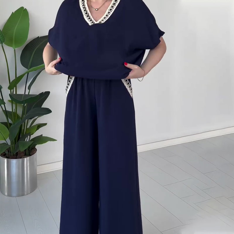 Women's Casual V-Neck Top & Wide-Leg Pants Set