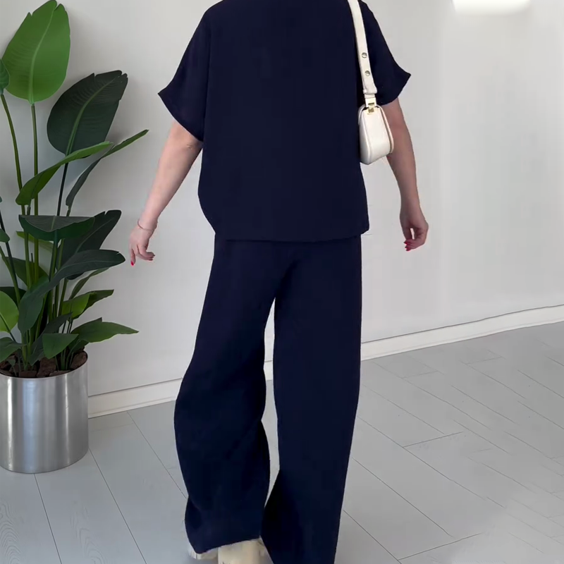 Women's Casual V-Neck Top & Wide-Leg Pants Set