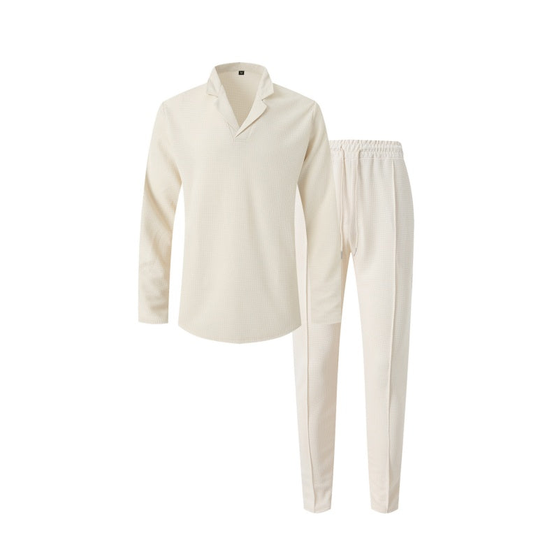 Elegant Men's Two-Piece Set with Collared Top & Drawstring Pants