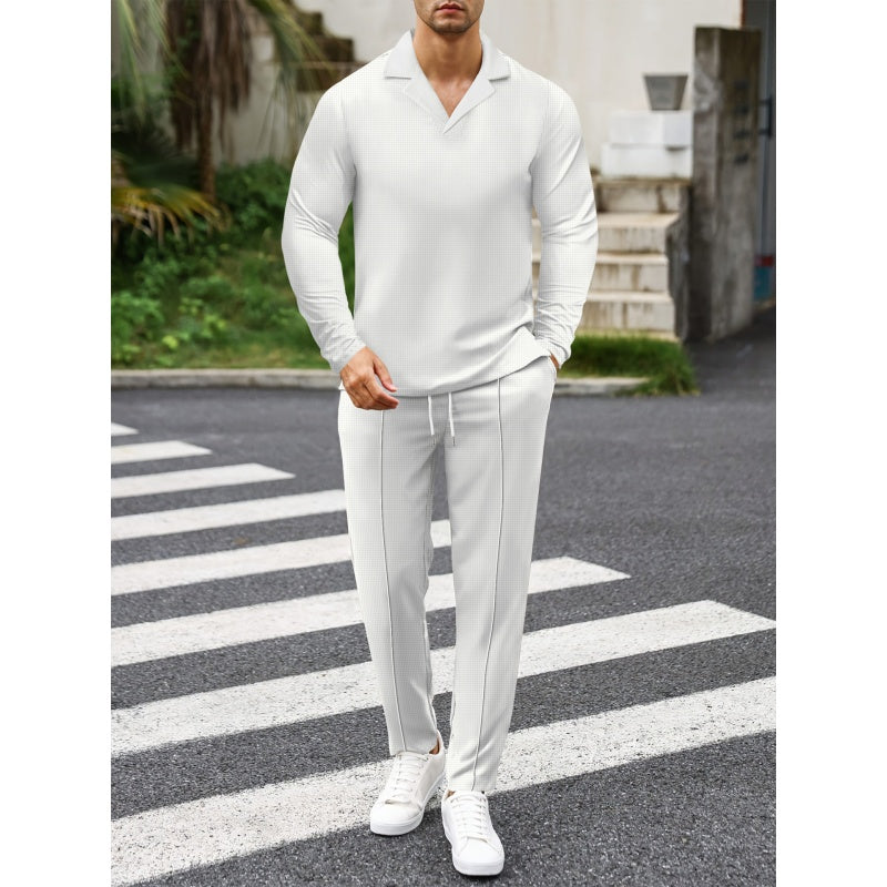 Elegant Men's Two-Piece Set with Collared Top & Drawstring Pants