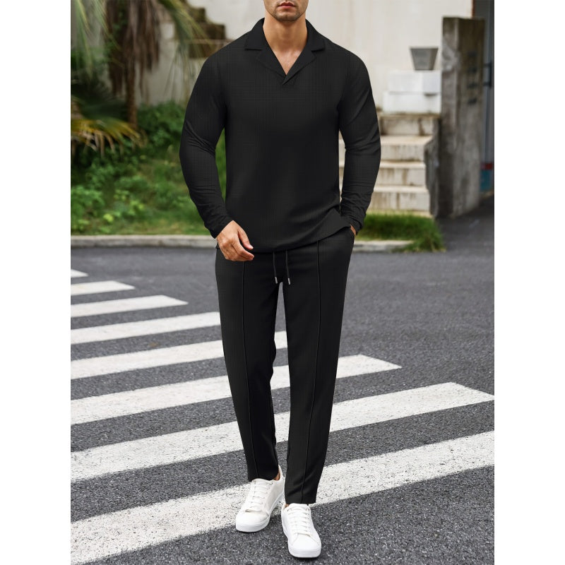 Elegant Men's Two-Piece Set with Collared Top & Drawstring Pants