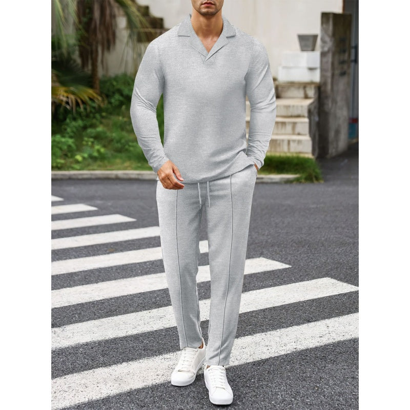 Elegant Men's Two-Piece Set with Collared Top & Drawstring Pants
