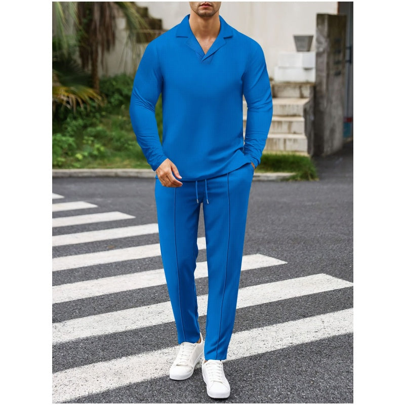 Elegant Men's Two-Piece Set with Collared Top & Drawstring Pants