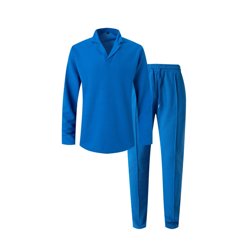 Elegant Men's Two-Piece Set with Collared Top & Drawstring Pants