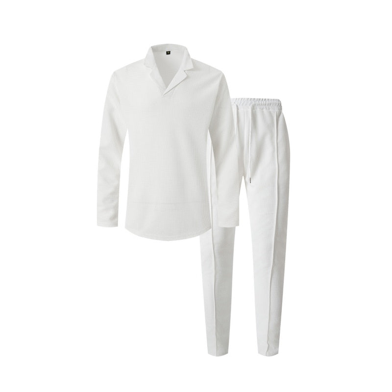 Elegant Men's Two-Piece Set with Collared Top & Drawstring Pants