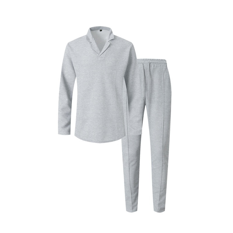 Elegant Men's Two-Piece Set with Collared Top & Drawstring Pants