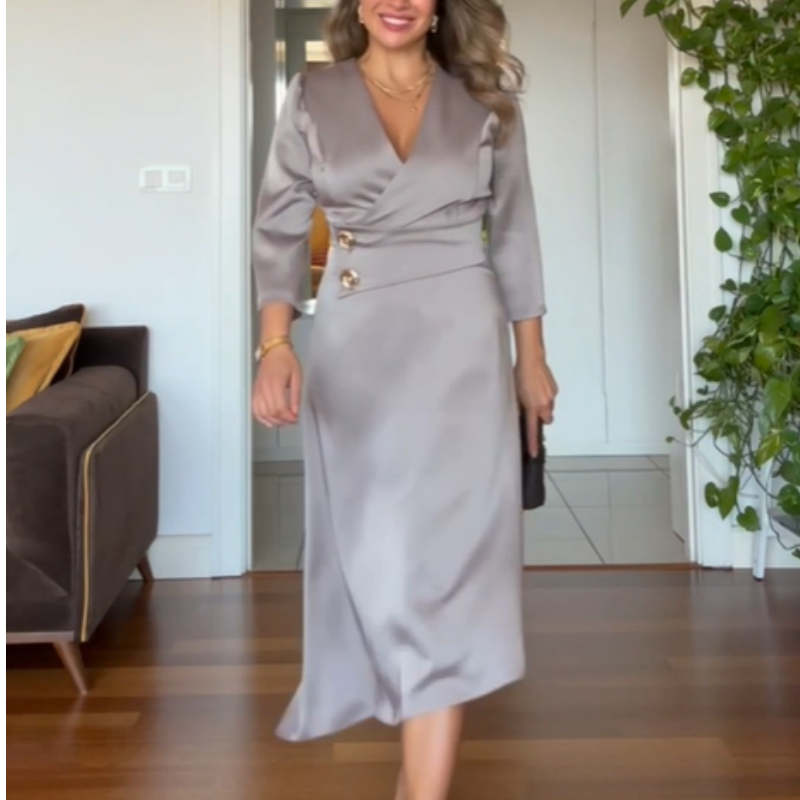 Women’s Elegant Solid V-Neck Wrap Dress