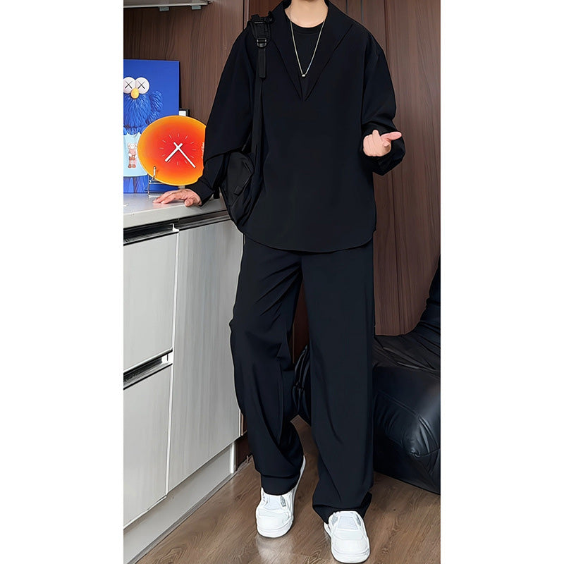 False Two-Piece V-Neck Shirt & Pants Set