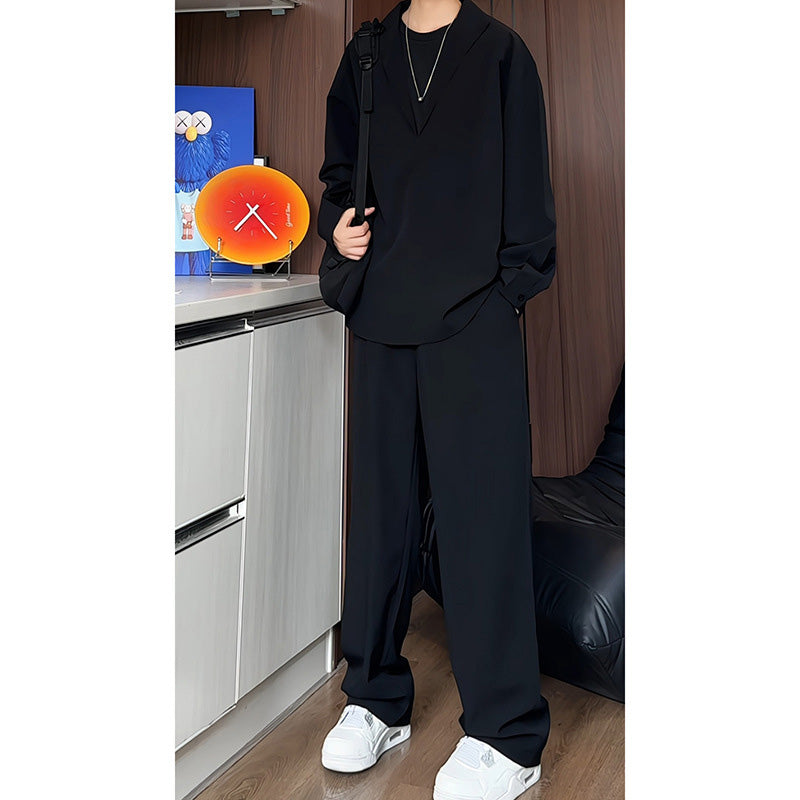 False Two-Piece V-Neck Shirt & Pants Set