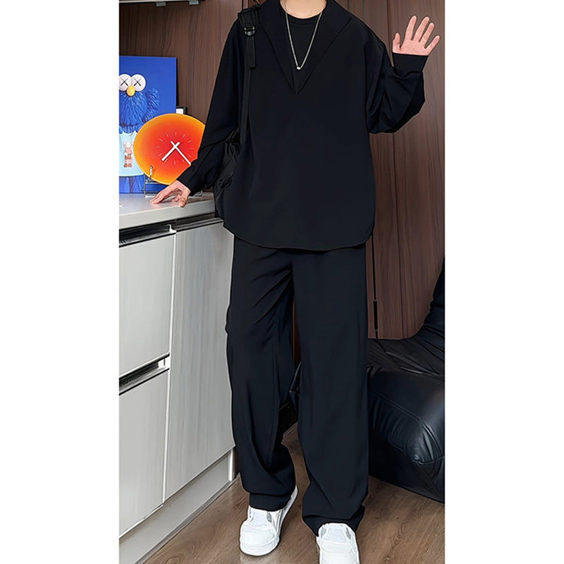 False Two-Piece V-Neck Shirt & Pants Set