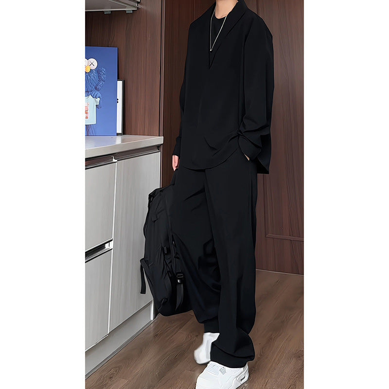 False Two-Piece V-Neck Shirt & Pants Set