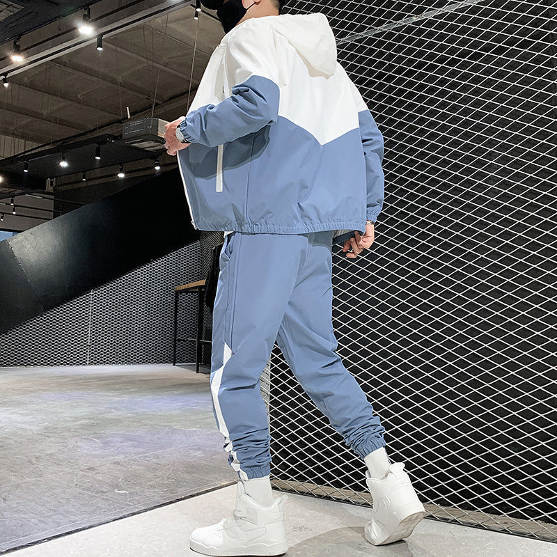 Men's Comfortable Color-Block Hooded Jacket & Drawstring Pants