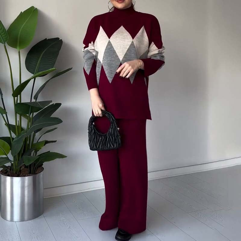 Fashion colored diamond sweater and pants set