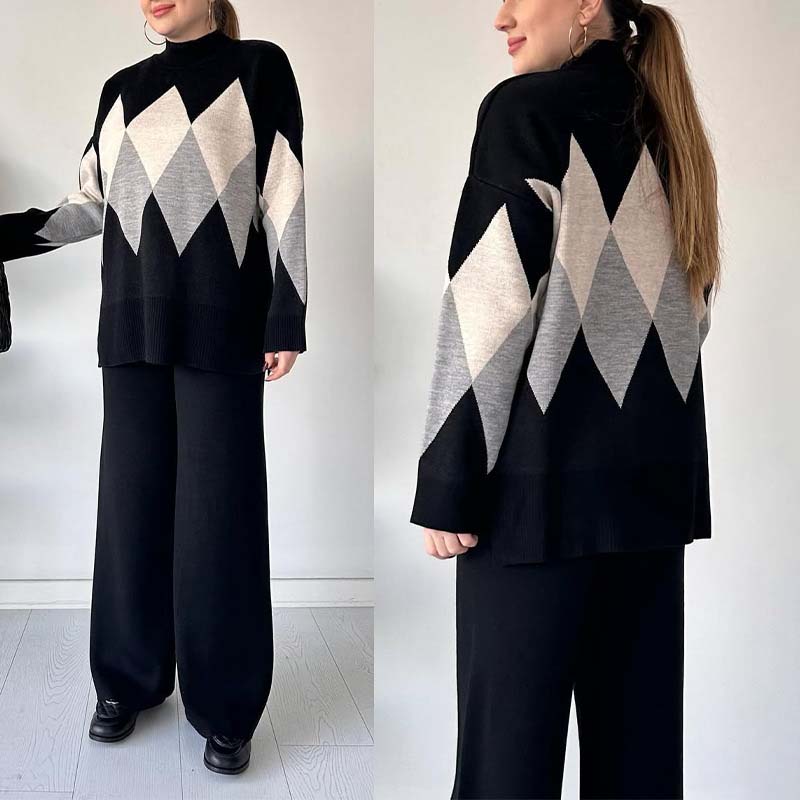 Fashion colored diamond sweater and pants set