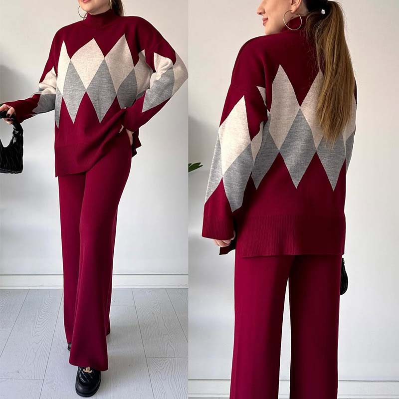 Fashion colored diamond sweater and pants set