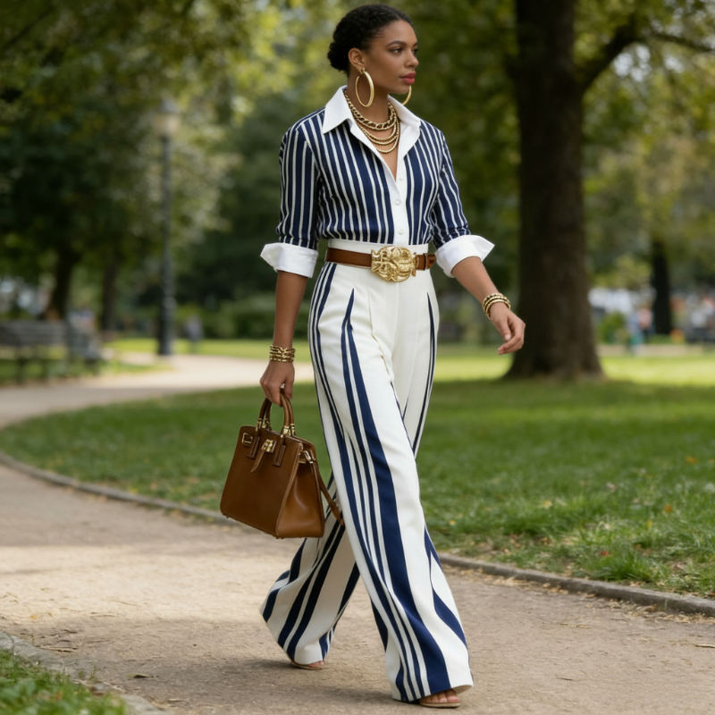 🎁New arrival 50% OFF💥 Women's Striped Shirt & Wide-Leg Pants 2-Piece Set