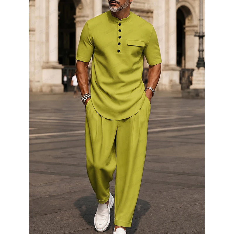 Men's Modern Casual Band Collar Two-Piece Set👕👖