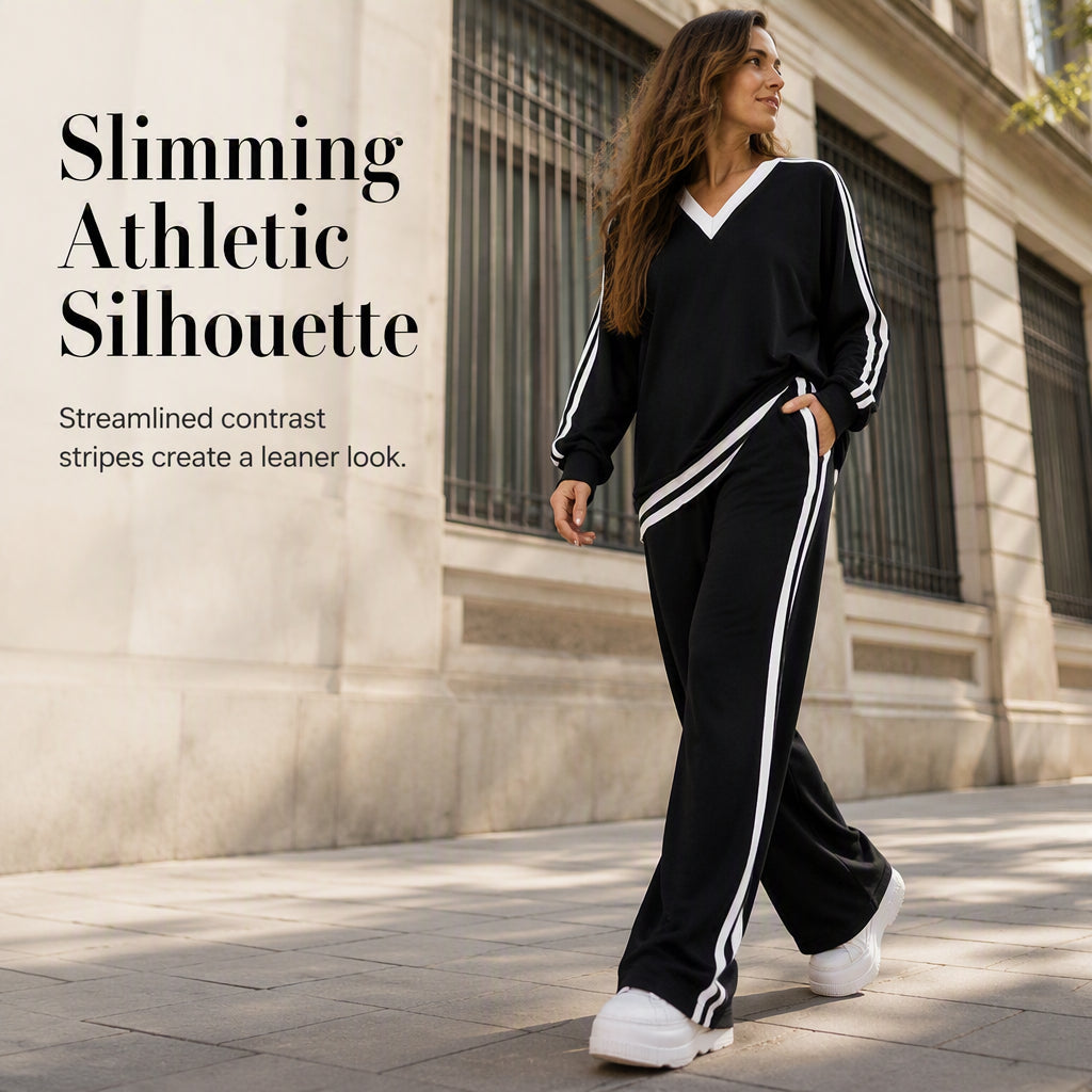 ⌛Limited-time offer-Women's Two-Piece Casual Set V-Neck Long Sleeve Top and Wide Leg Striped Pants Outfit
