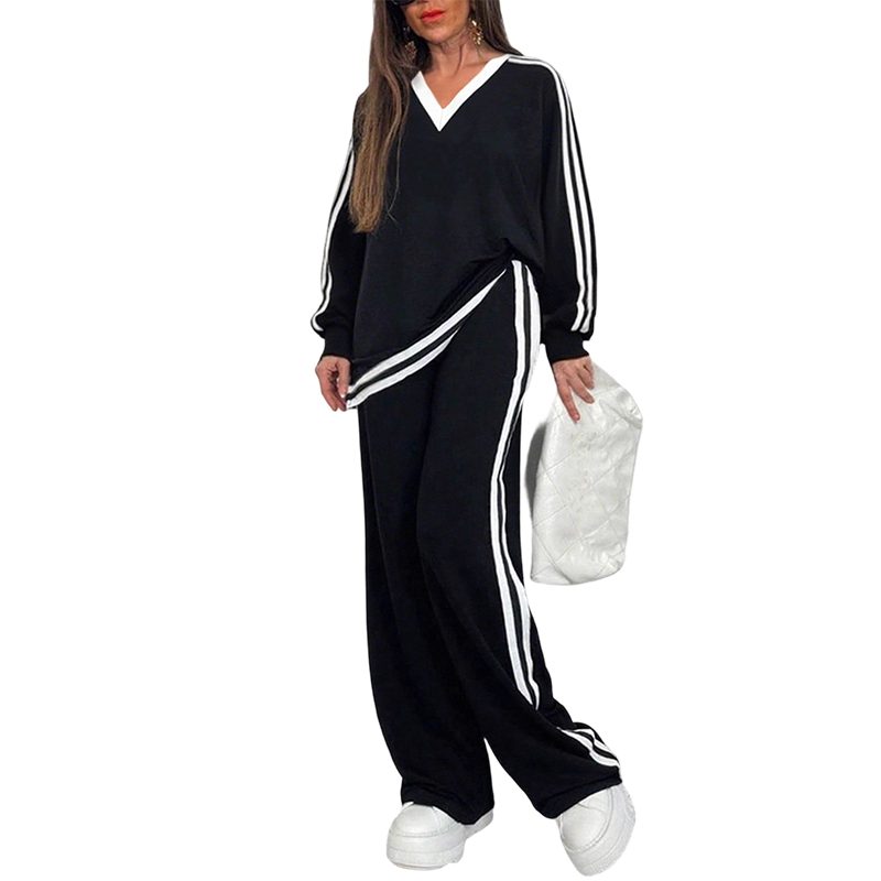 ⌛Limited-time offer-Women's Two-Piece Casual Set V-Neck Long Sleeve Top and Wide Leg Striped Pants Outfit