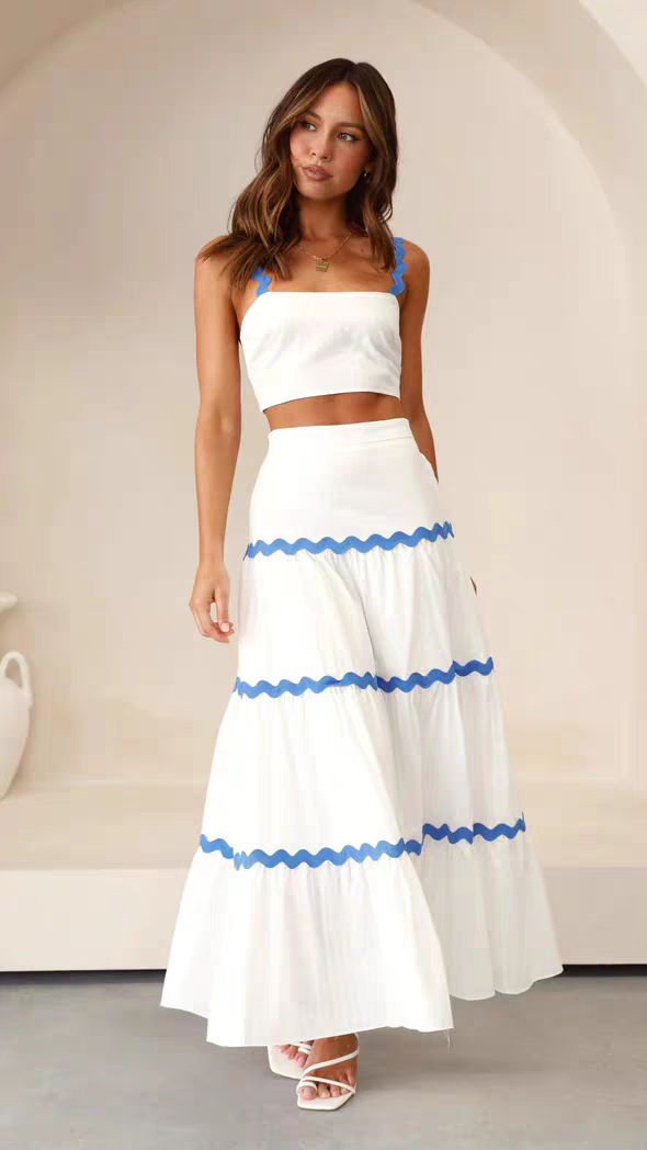 Seaside Pink And Black Vacation Top And Skirt Set