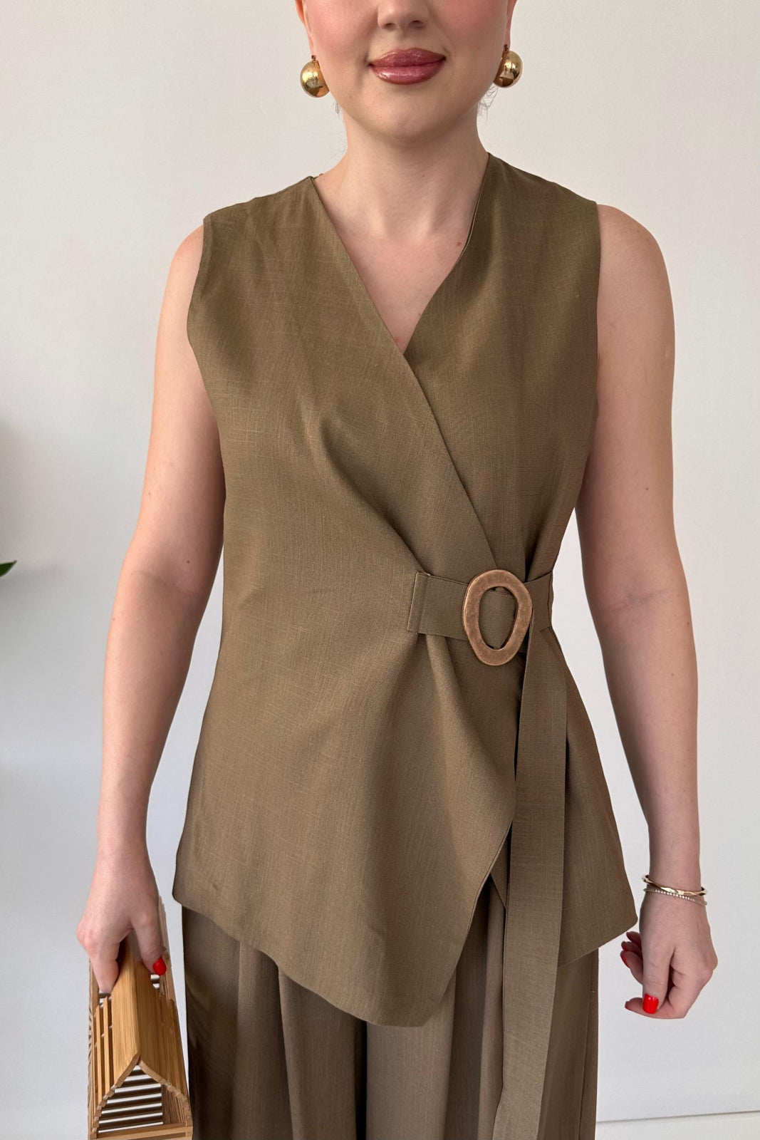 Linen Buckled Wrap Vest & Wide-Leg Pant Suit