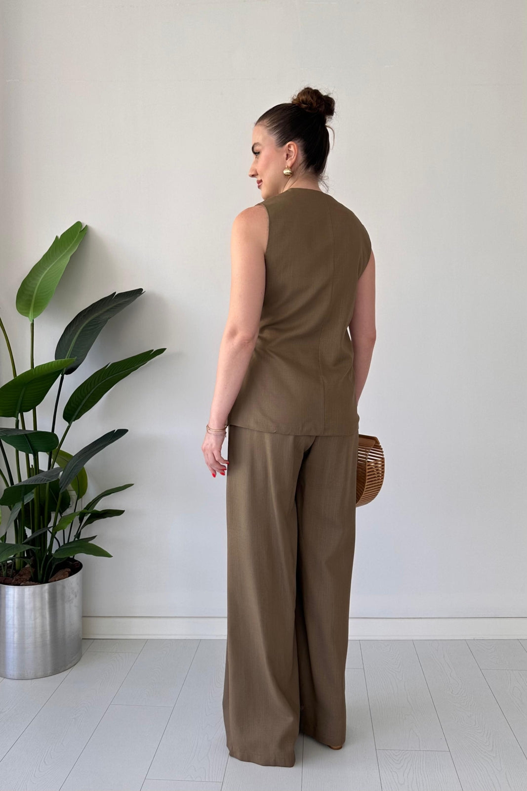 Linen Buckled Wrap Vest & Wide-Leg Pant Suit